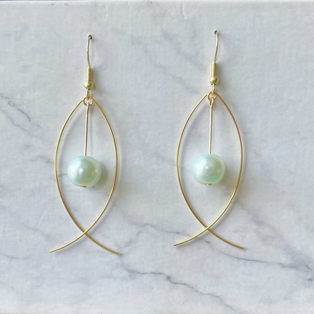 Gold Fish Earrings with Hanging Aqua Faux Pearl Bead